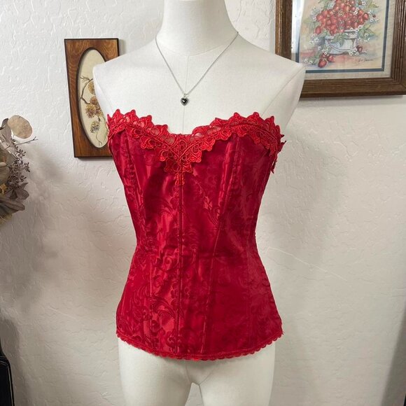 Vintage Y2K Gothic Valentines Red Lace Satin Size Clasp Corset Top - Picture 2 of 8